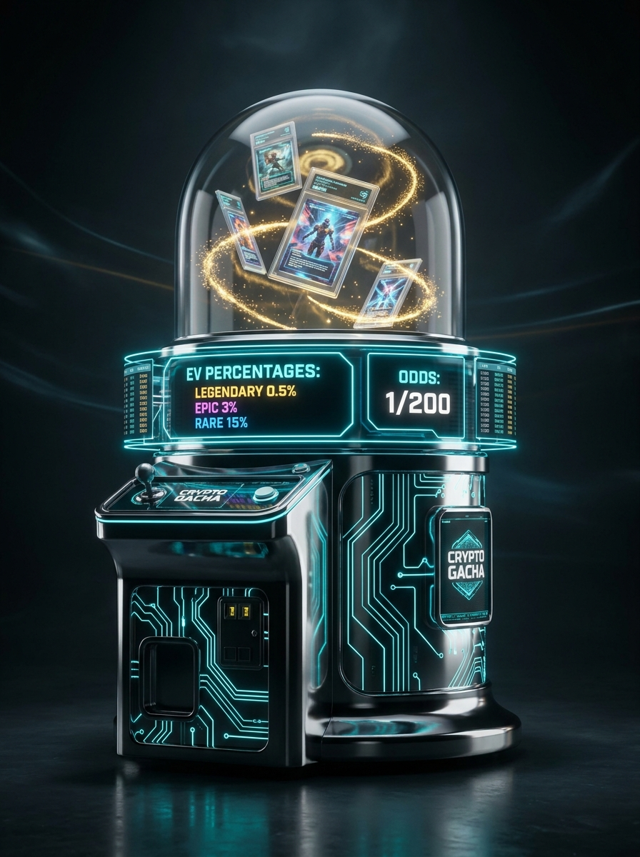 SLAB holographic gacha machine showing EV percentages and pull odds